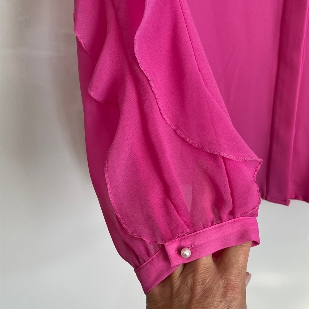 ZARA Fuchsia Ruffle Sleeve Blouse Mandarin Collar Pearl Buttons, Size M - Picture 5 of 11